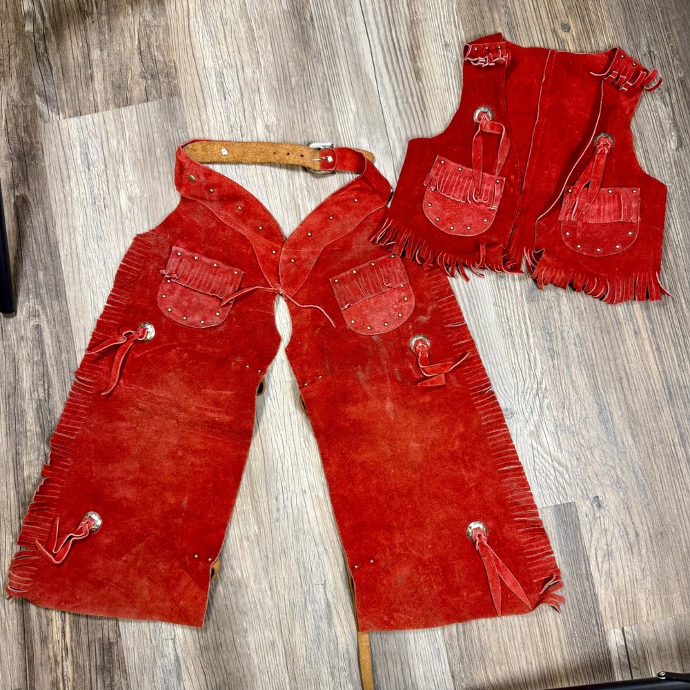 Vintage Sears Kids Red Suede Leather Cowboy Vest and Chaps Set Size 5-6X Fringe